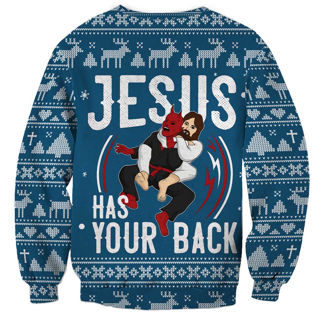 Jesus Has Your Back Jiu Jitsu Christmas Sweatshirt Funny Xmas Holiday Patterns - Wonder Print Shop