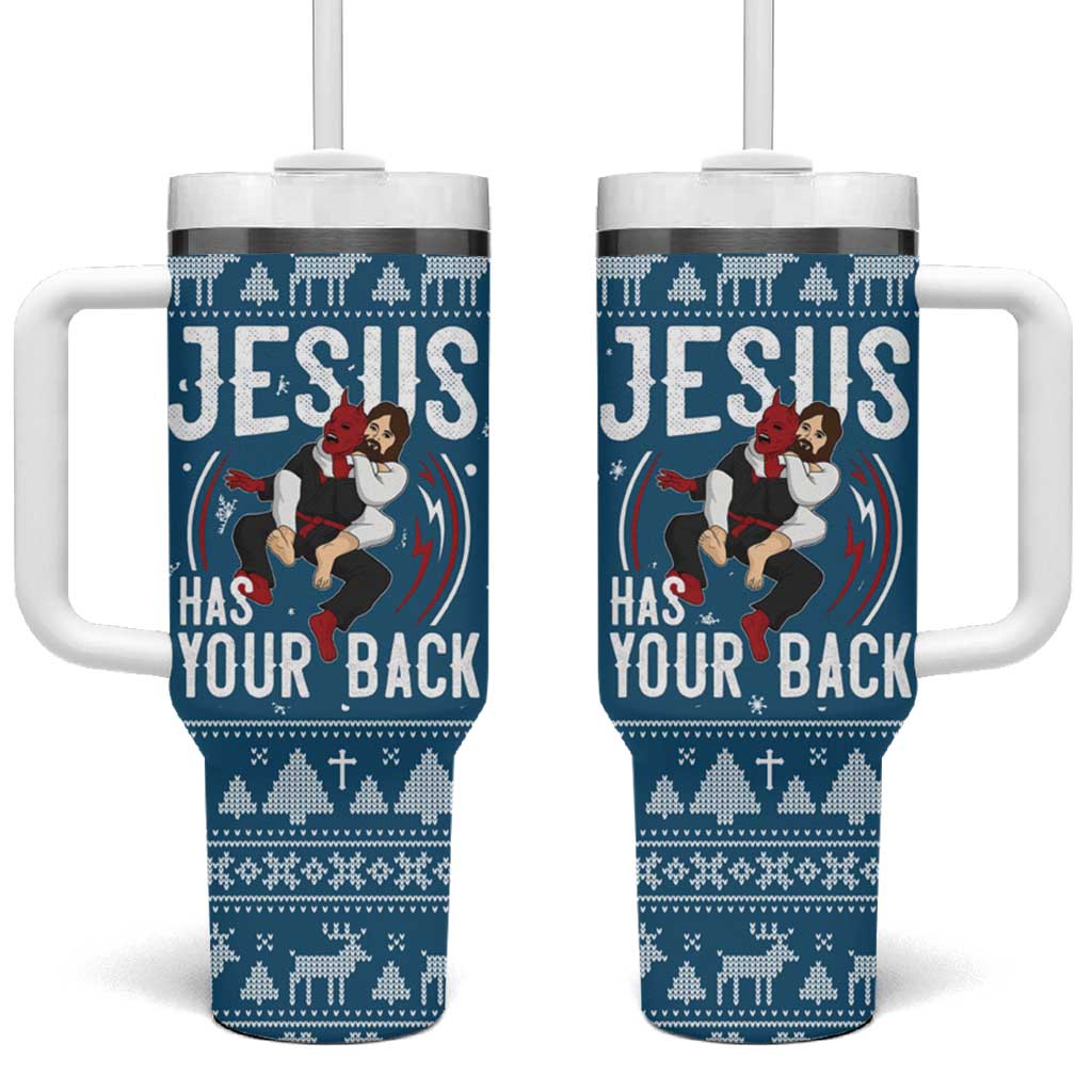 Jesus Has Your Back Jiu Jitsu Christmas Tumbler With Handle Funny Xmas Holiday Patterns - Wonder Print Shop