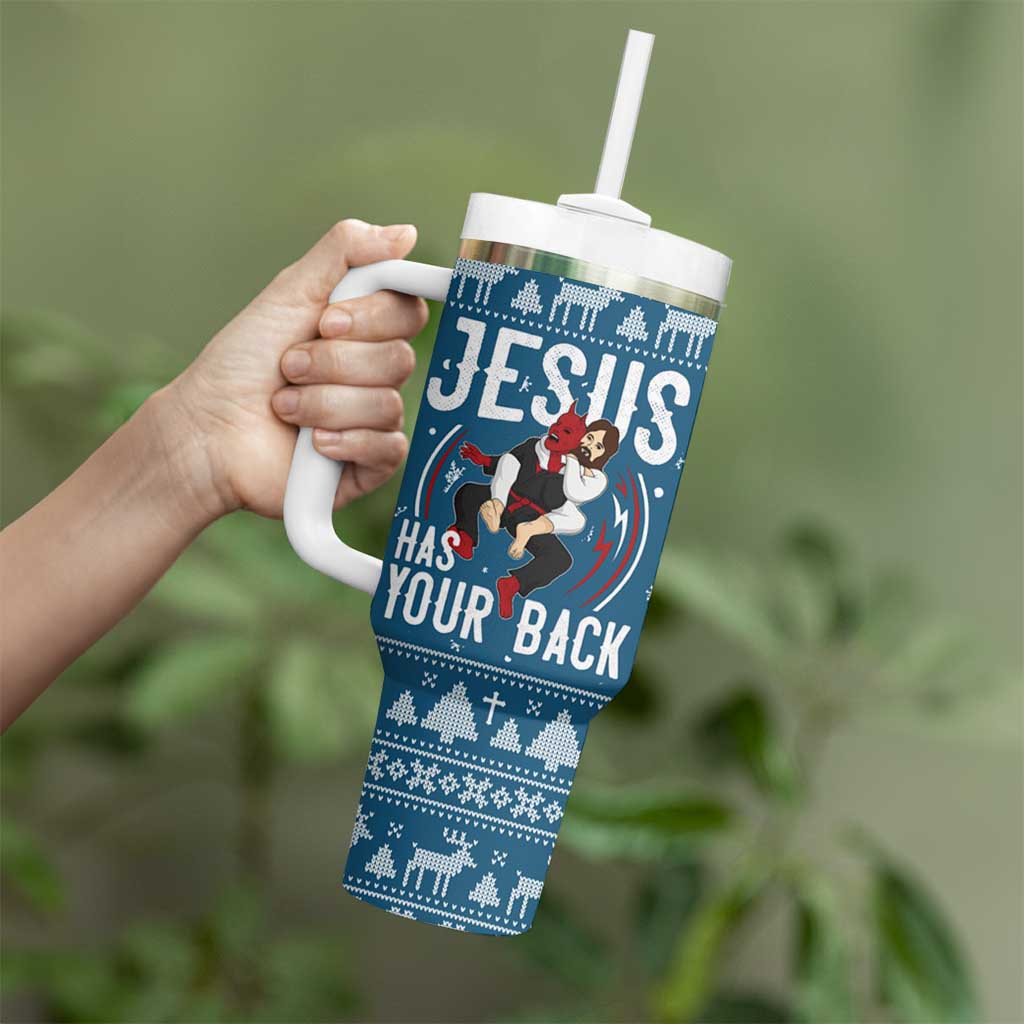 Jesus Has Your Back Jiu Jitsu Christmas Tumbler With Handle Funny Xmas Holiday Patterns - Wonder Print Shop