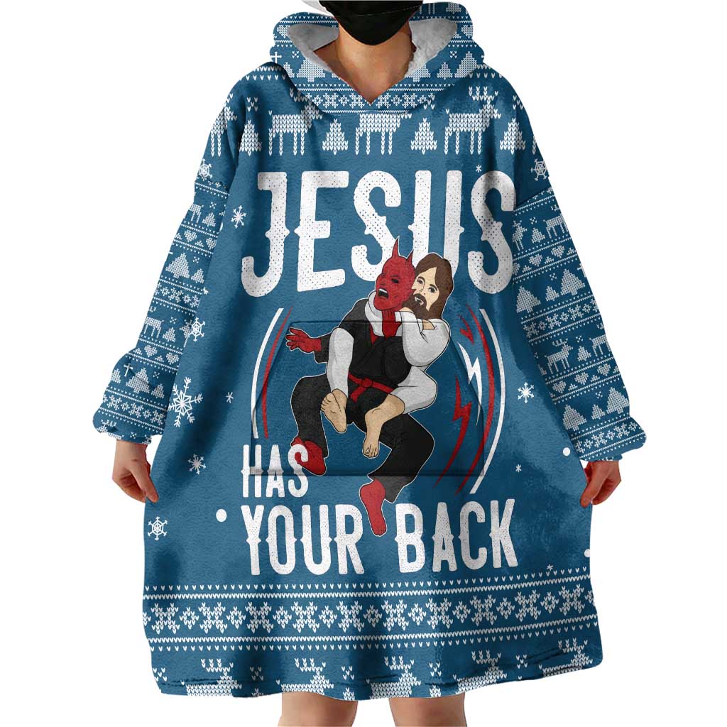 Jesus Has Your Back Jiu Jitsu Christmas Wearable Blanket Hoodie Funny Xmas Holiday Patterns - Wonder Print Shop
