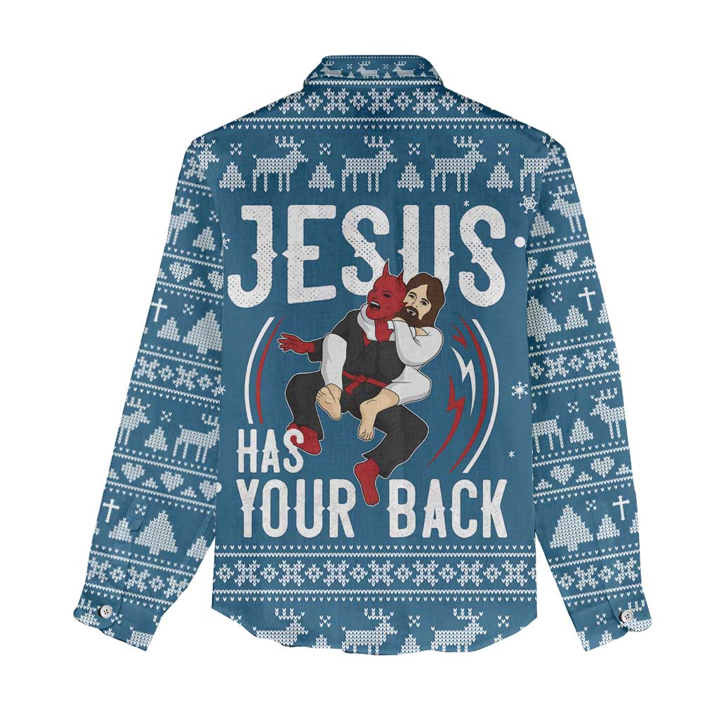Jesus Has Your Back Jiu Jitsu Christmas Women Casual Shirt Funny Xmas Holiday Patterns - Wonder Print Shop