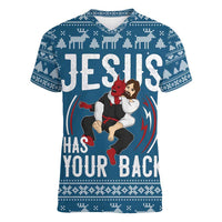 Jesus Has Your Back Jiu Jitsu Christmas Women V-Neck T-Shirt Funny Xmas Holiday Patterns - Wonder Print Shop
