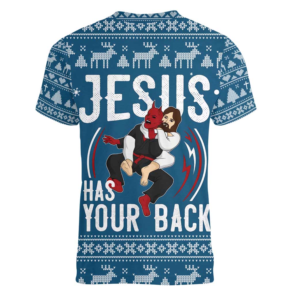 Jesus Has Your Back Jiu Jitsu Christmas Women V-Neck T-Shirt Funny Xmas Holiday Patterns - Wonder Print Shop