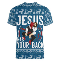 Jesus Has Your Back Jiu Jitsu Christmas Women V-Neck T-Shirt Funny Xmas Holiday Patterns - Wonder Print Shop
