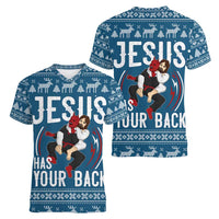 Jesus Has Your Back Jiu Jitsu Christmas Women V-Neck T-Shirt Funny Xmas Holiday Patterns - Wonder Print Shop