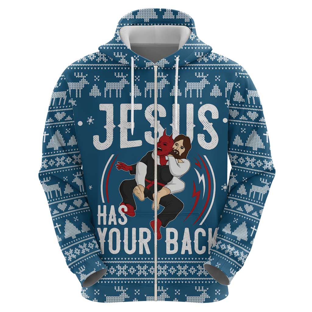 Jesus Has Your Back Jiu Jitsu Christmas Zip Hoodie Funny Xmas Holiday Patterns - Wonder Print Shop