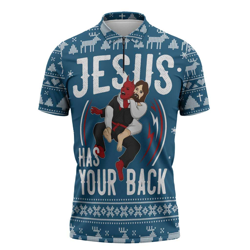 Jesus Has Your Back Jiu Jitsu Christmas Zipper Polo Shirt Funny Xmas Holiday Patterns - Wonder Print Shop