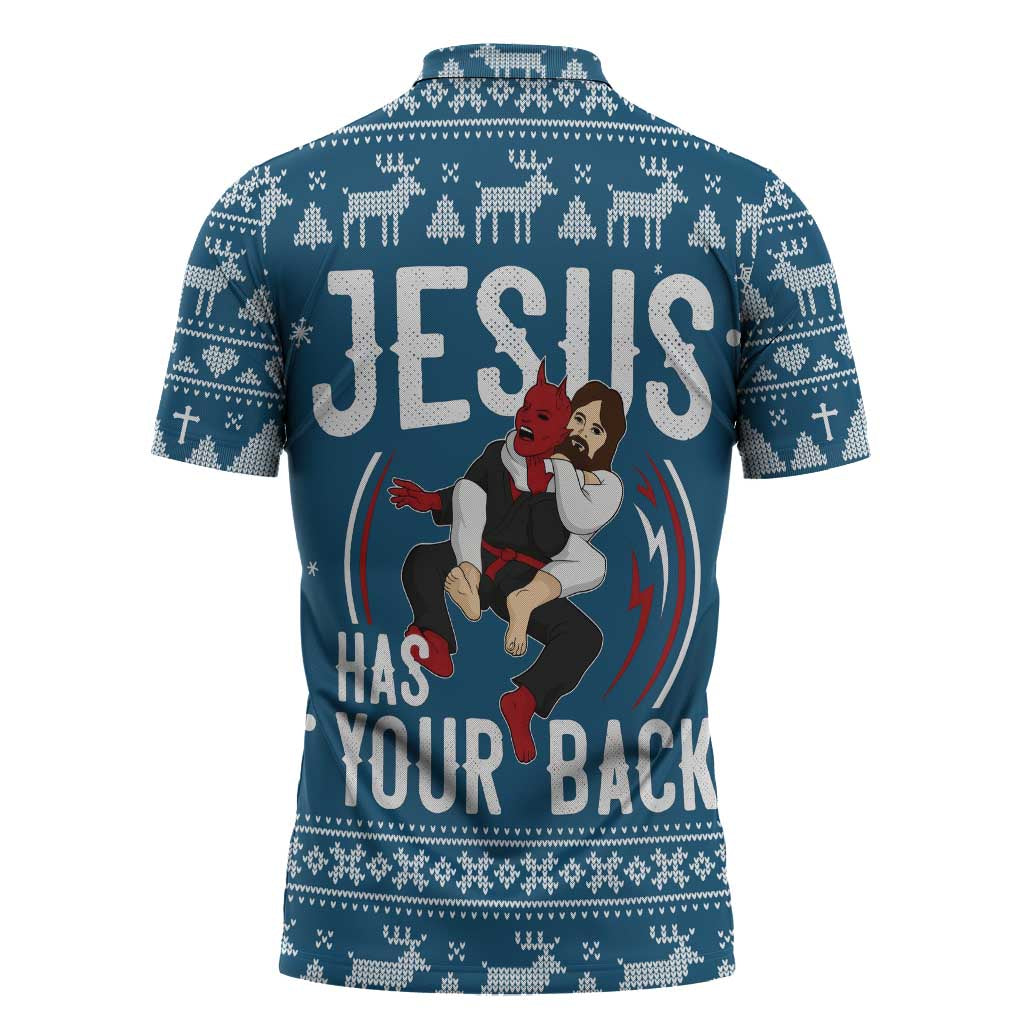 Jesus Has Your Back Jiu Jitsu Christmas Zipper Polo Shirt Funny Xmas Holiday Patterns - Wonder Print Shop