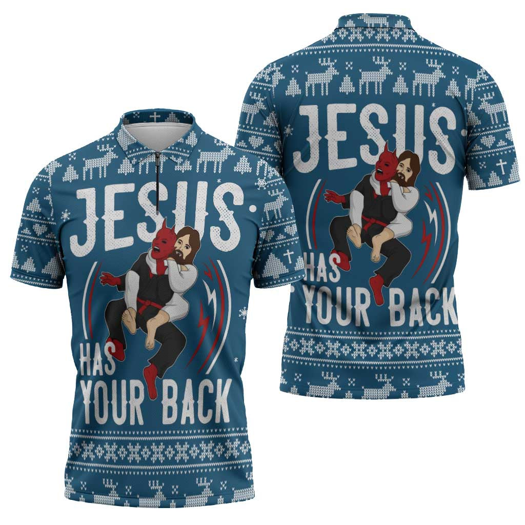 Jesus Has Your Back Jiu Jitsu Christmas Zipper Polo Shirt Funny Xmas Holiday Patterns - Wonder Print Shop