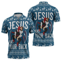 Jesus Has Your Back Jiu Jitsu Christmas Zipper Polo Shirt Funny Xmas Holiday Patterns - Wonder Print Shop