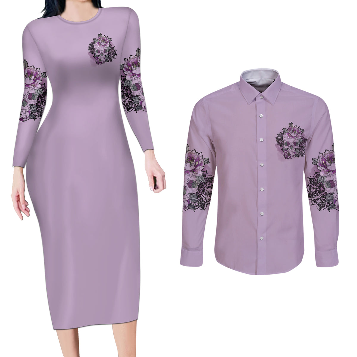 I Am Who I Am Skull Couples Matching Long Sleeve Bodycon Dress and Long Sleeve Button Shirt - Wonder Print Shop