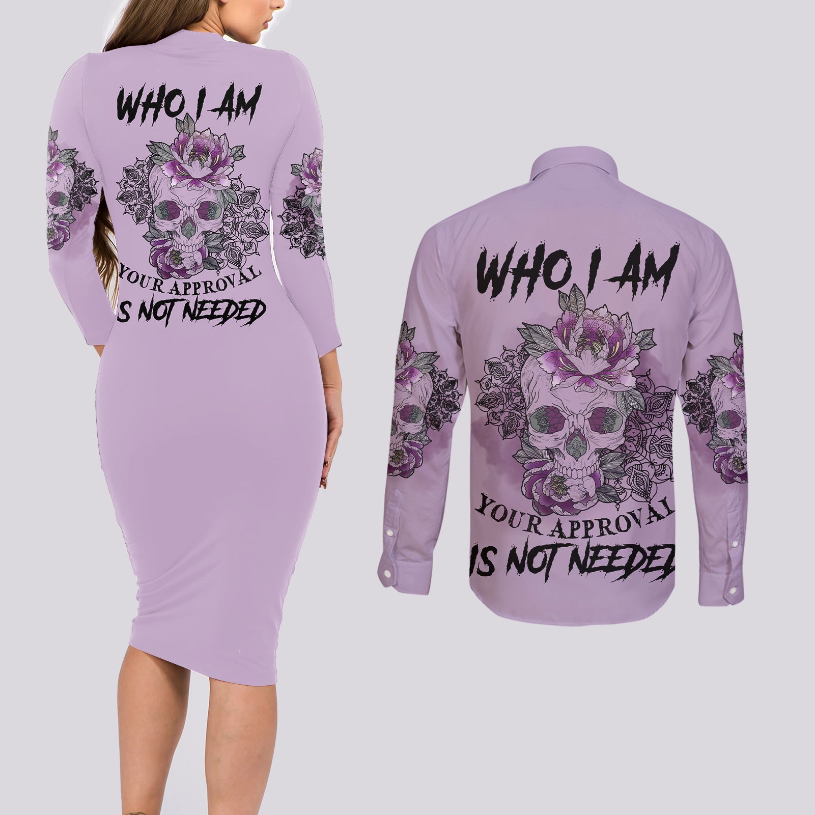 I Am Who I Am Skull Couples Matching Long Sleeve Bodycon Dress and Long Sleeve Button Shirt - Wonder Print Shop