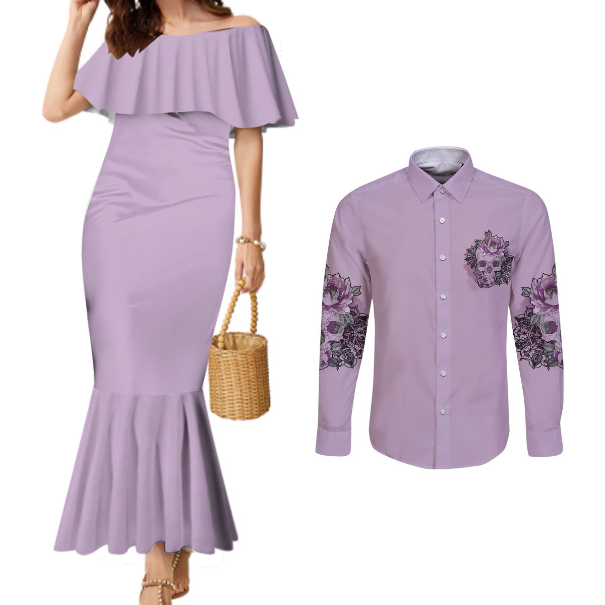 i-am-who-i-am-skull-couples-matching-mermaid-dress-and-long-sleeve-button-shirt