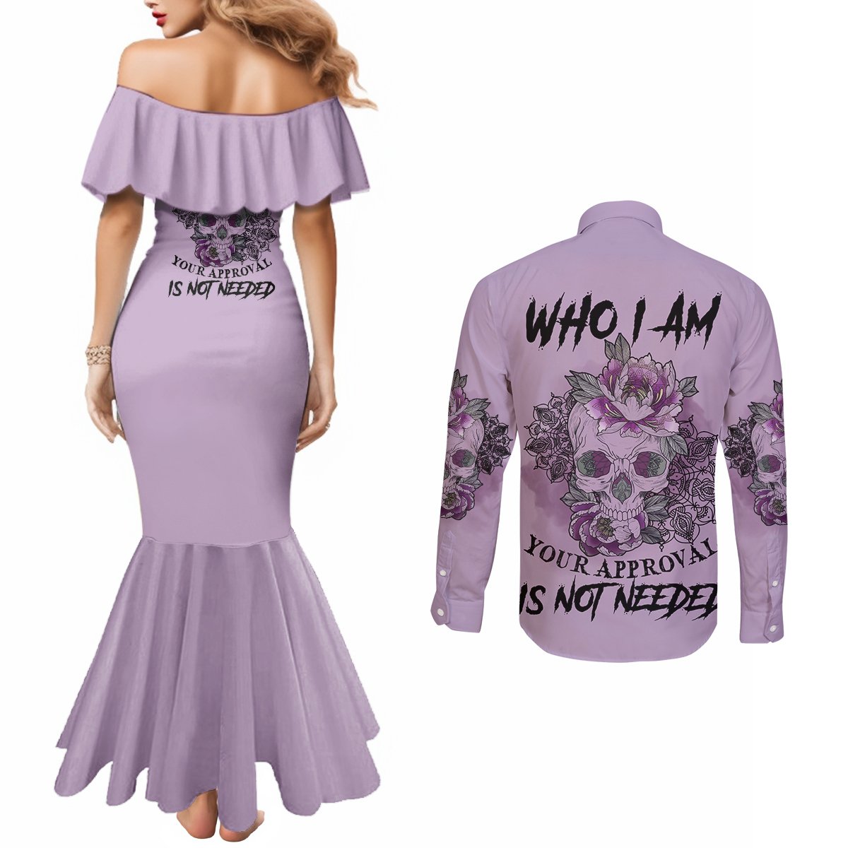 i-am-who-i-am-skull-couples-matching-mermaid-dress-and-long-sleeve-button-shirt