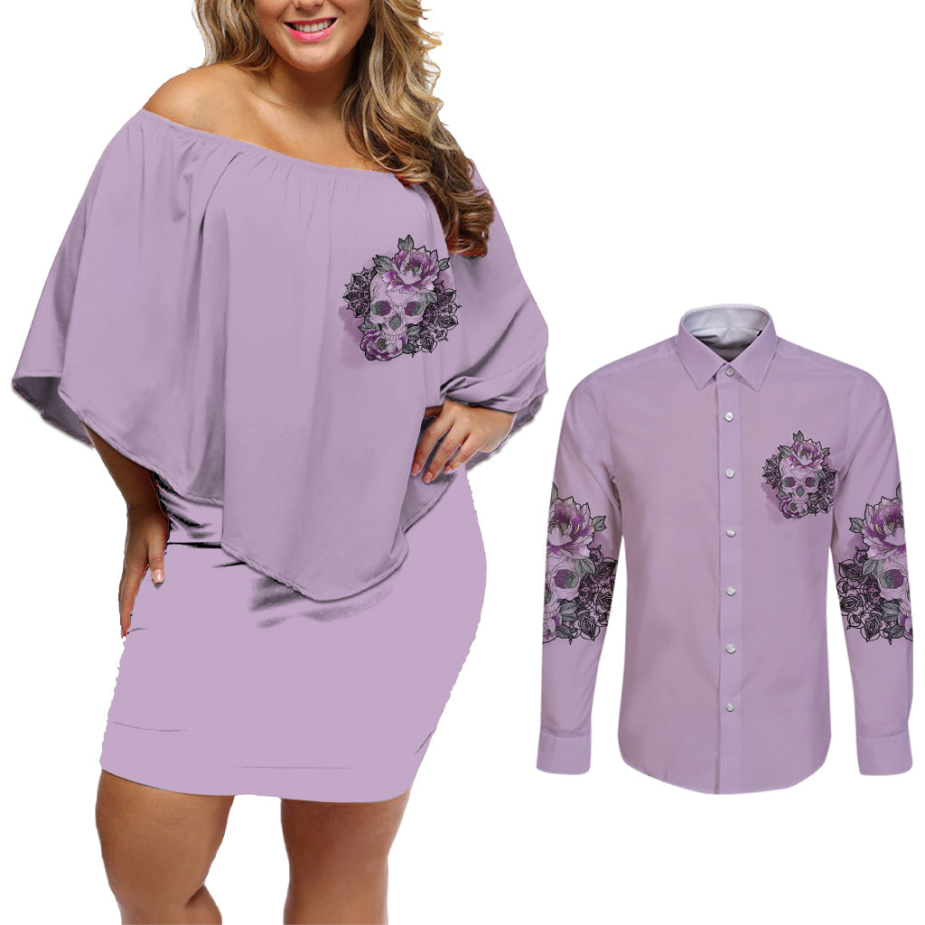 I Am Who I Am Skull Couples Matching Off Shoulder Short Dress and Long Sleeve Button Shirt - Wonder Print Shop