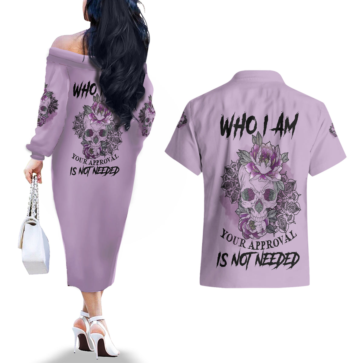 I Am Who I Am Skull Couples Matching Off The Shoulder Long Sleeve Dress and Hawaiian Shirt - Wonder Print Shop