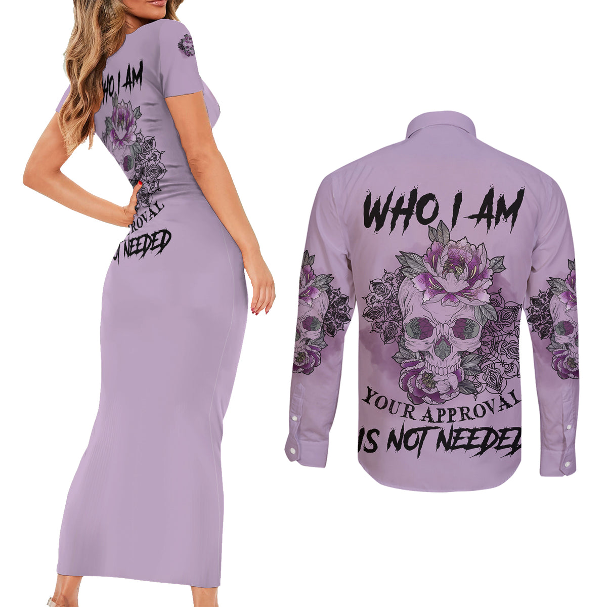 I Am Who I Am Skull Couples Matching Short Sleeve Bodycon Dress and Long Sleeve Button Shirt - Wonder Print Shop
