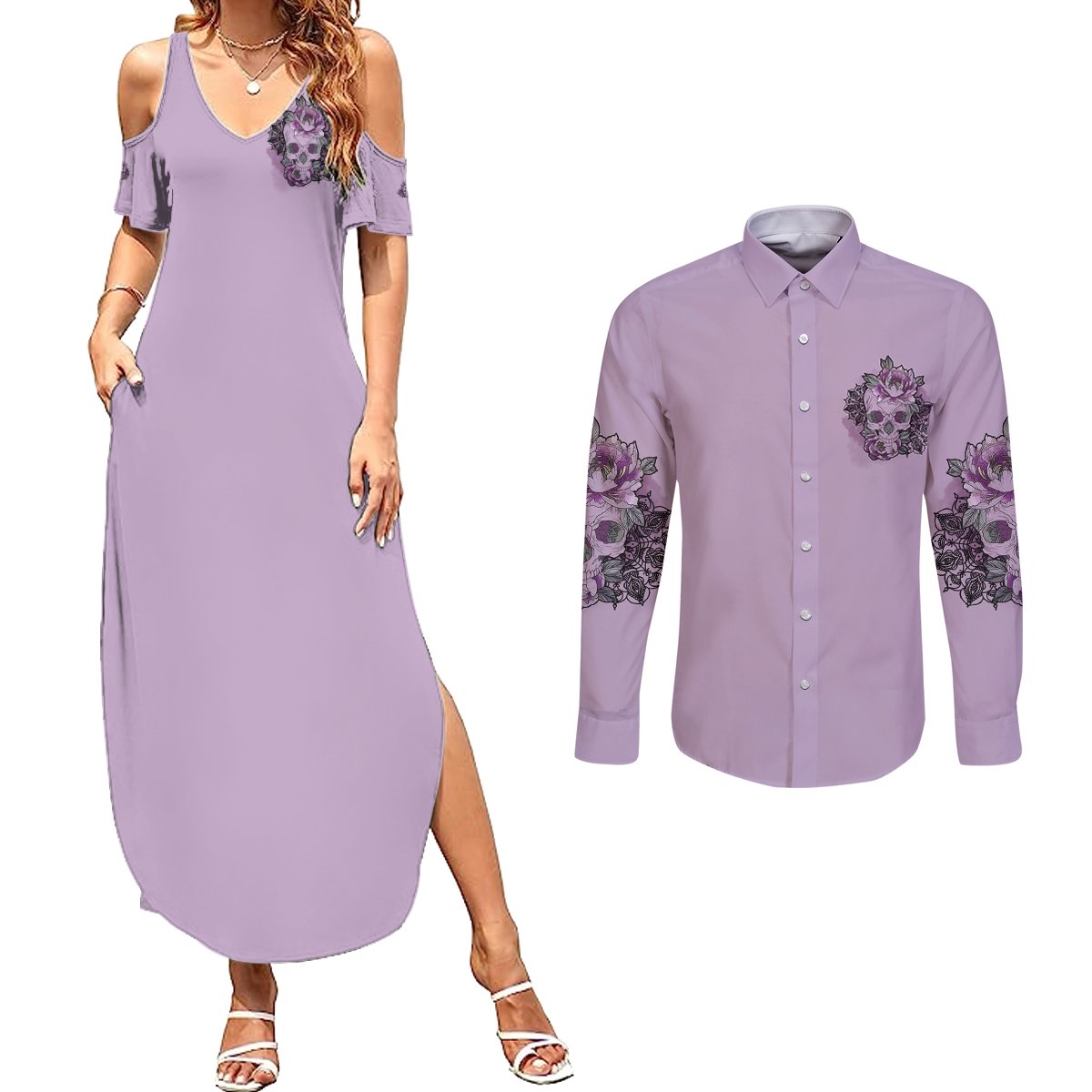 I Am Who I Am Skull Couples Matching Summer Maxi Dress and Long Sleeve Button Shirt - Wonder Print Shop