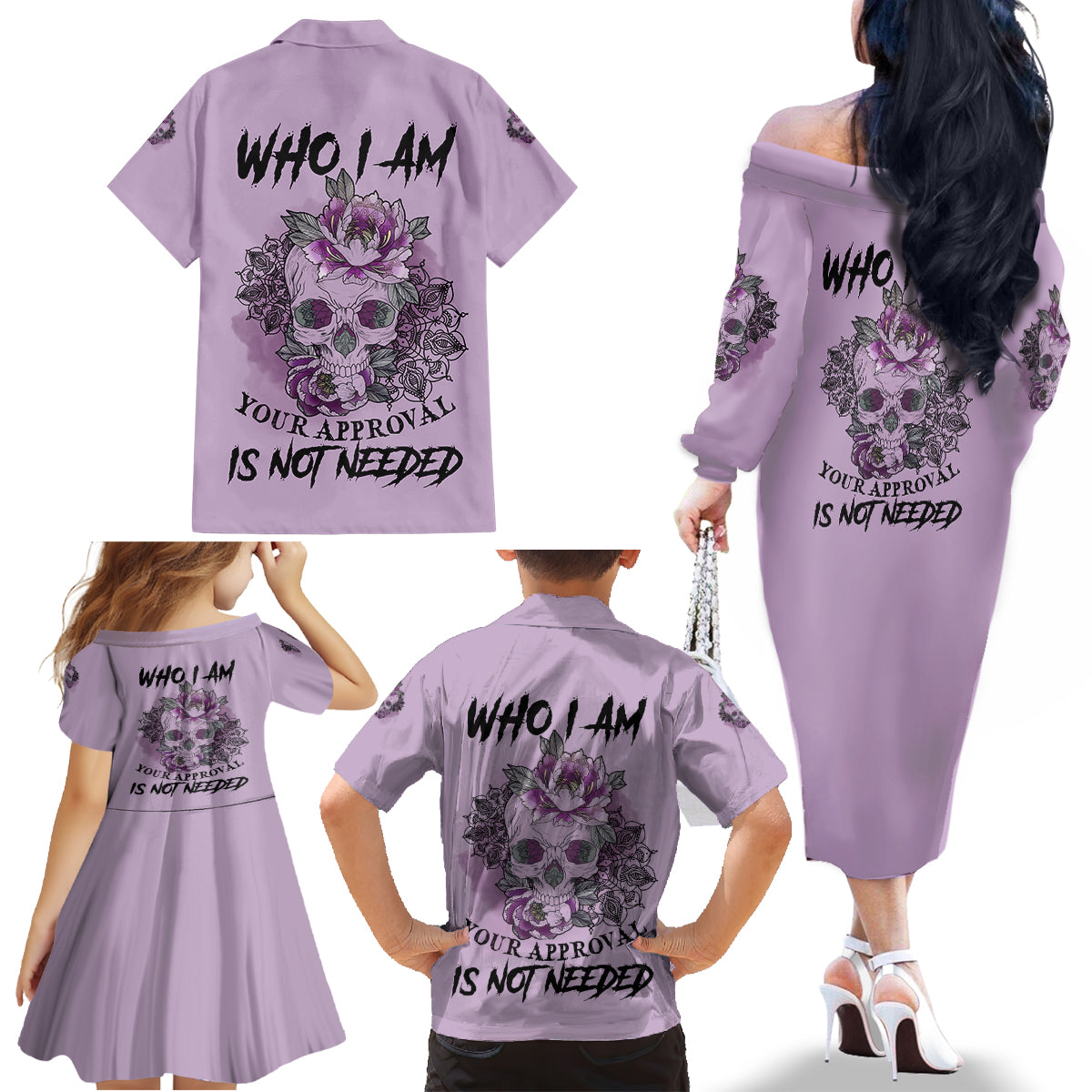 I Am Who I Am Skull Family Matching Off Shoulder Long Sleeve Dress and Hawaiian Shirt - Wonder Print Shop