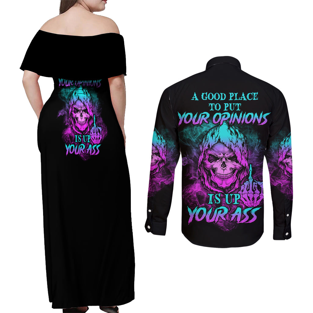 A Good Place To Put Your Opinions Couples Matching Off Shoulder Maxi Dress and Long Sleeve Button Shirt - Wonder Print Shop