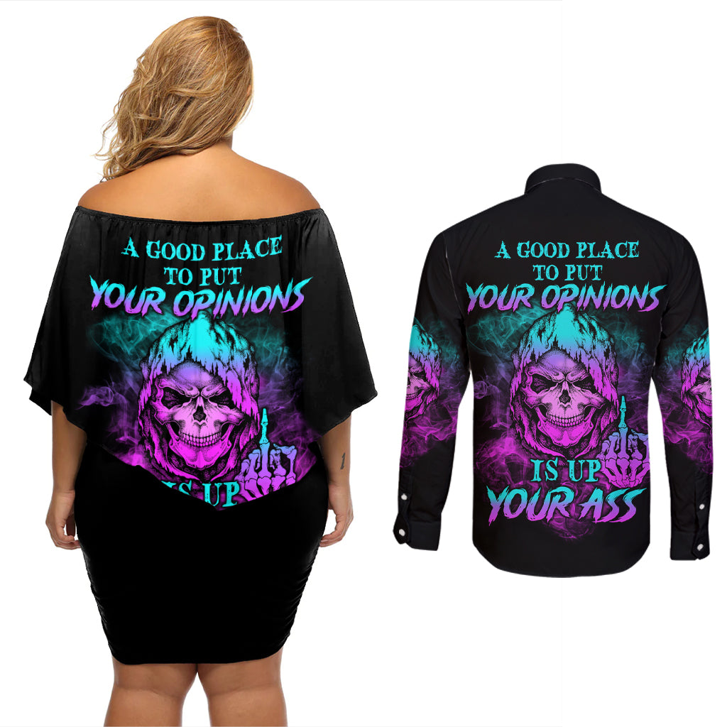A Good Place To Put Your Opinions Couples Matching Off Shoulder Short Dress and Long Sleeve Button Shirt - Wonder Print Shop