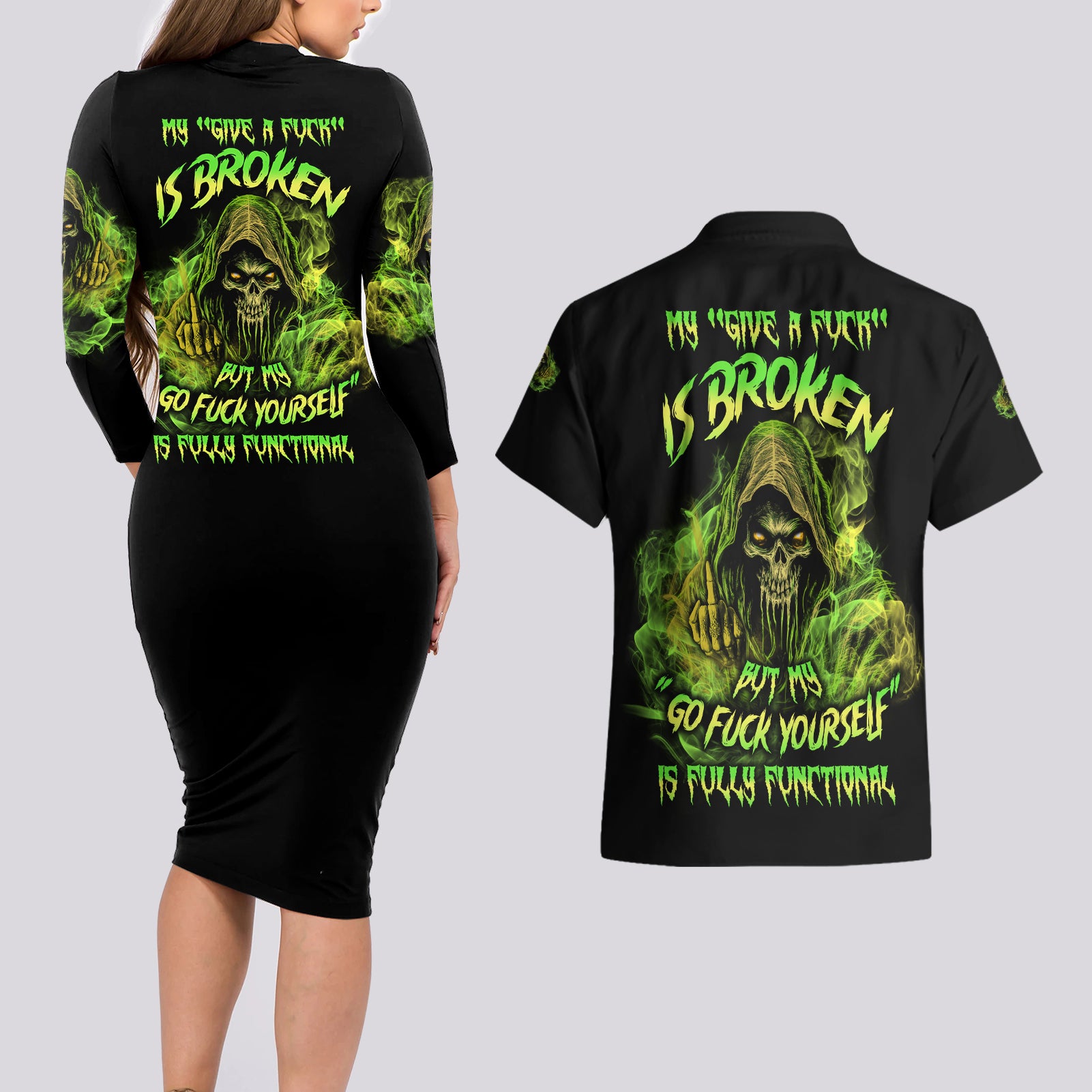 My Give A F Is Broken Reaper Couples Matching Long Sleeve Bodycon Dress and Hawaiian Shirt - Wonder Print Shop