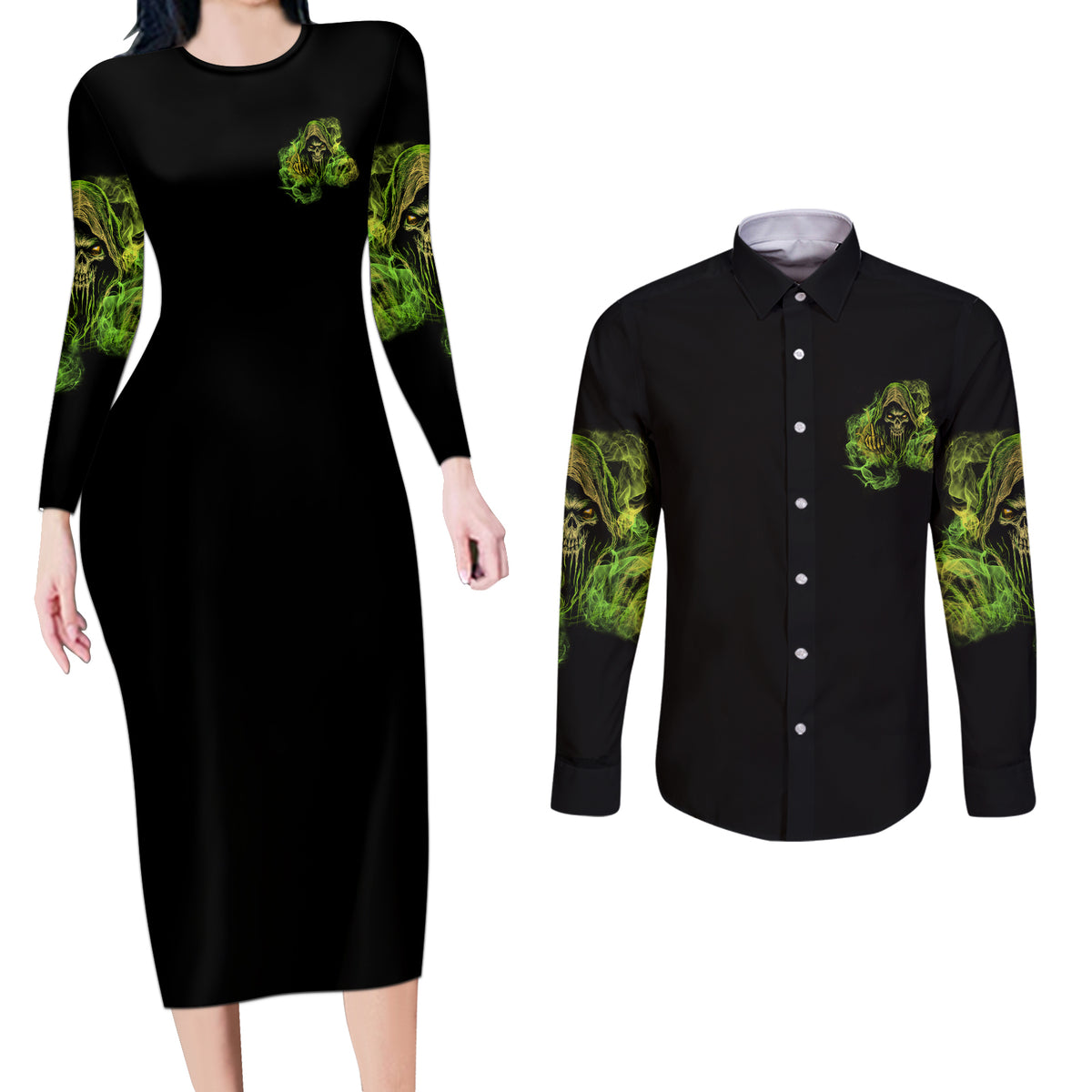 My Give A F Is Broken Reaper Couples Matching Long Sleeve Bodycon Dress and Long Sleeve Button Shirt - Wonder Print Shop