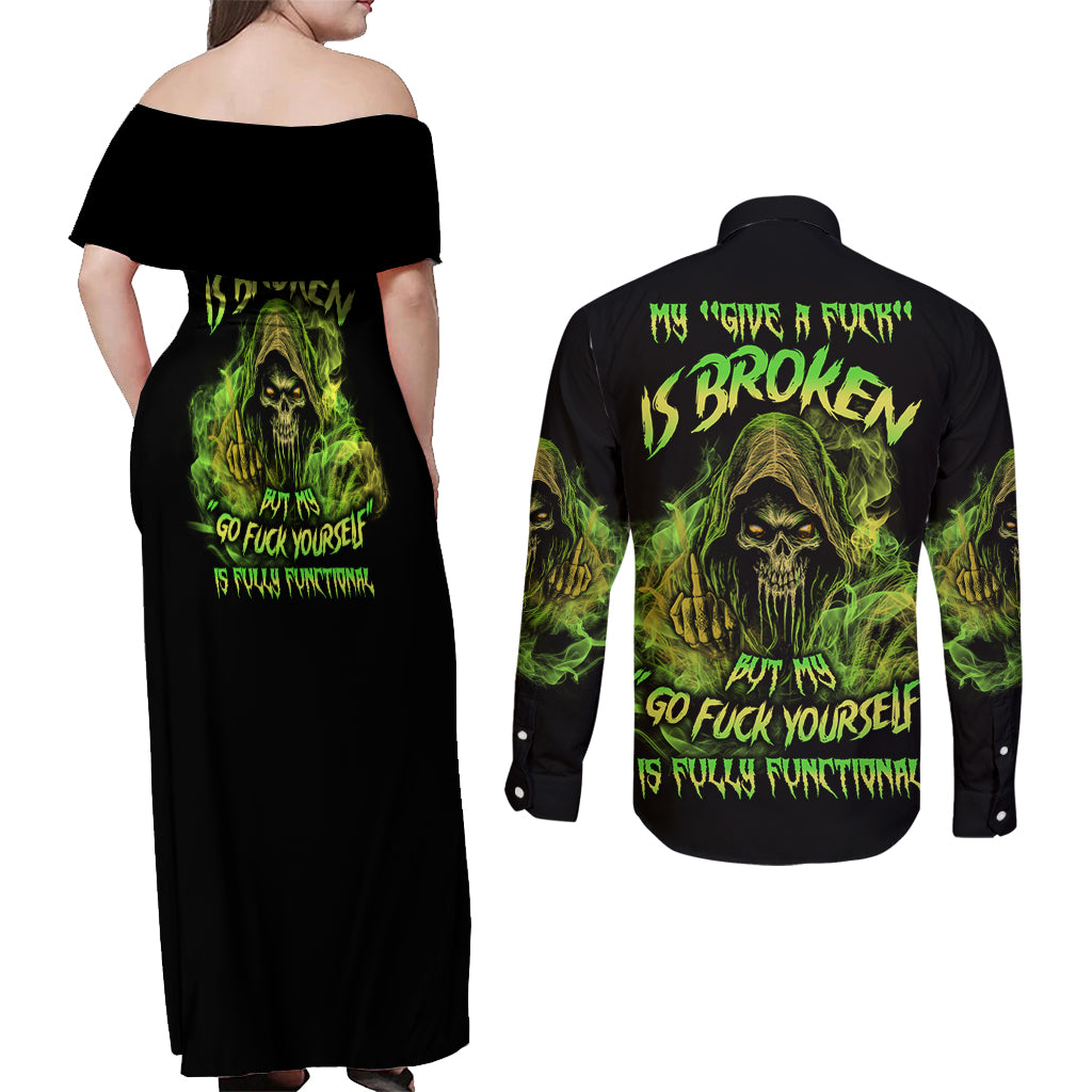 My Give A F Is Broken Reaper Couples Matching Off Shoulder Maxi Dress and Long Sleeve Button Shirt - Wonder Print Shop