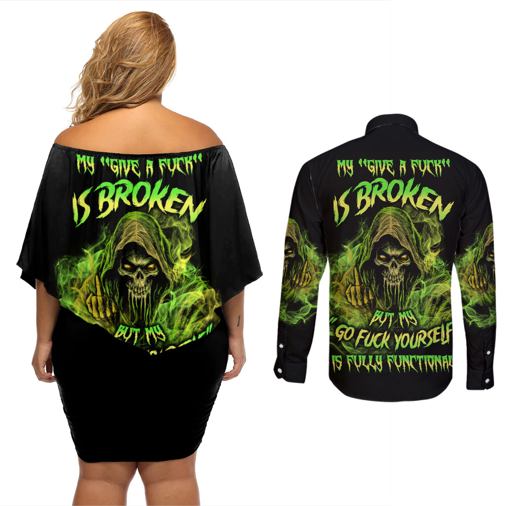 My Give A F Is Broken Reaper Couples Matching Off Shoulder Short Dress and Long Sleeve Button Shirt - Wonder Print Shop