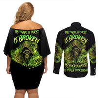 My Give A F Is Broken Reaper Couples Matching Off Shoulder Short Dress and Long Sleeve Button Shirt - Wonder Print Shop