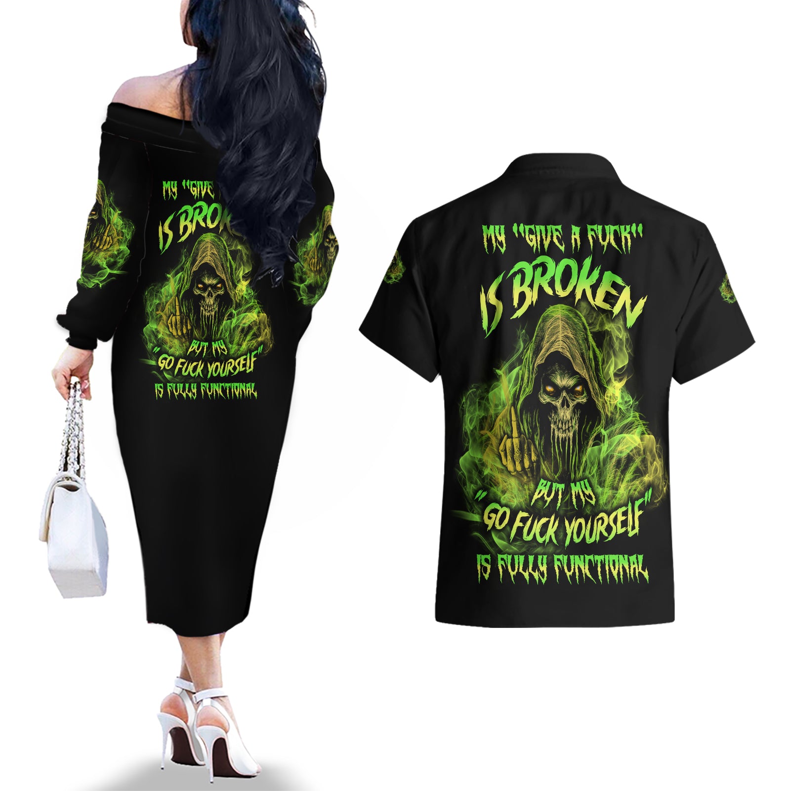 My Give A F Is Broken Reaper Couples Matching Off The Shoulder Long Sleeve Dress and Hawaiian Shirt - Wonder Print Shop