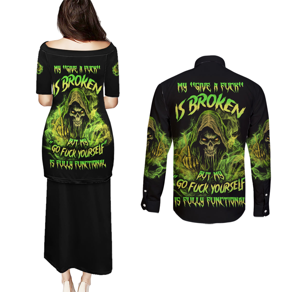 My Give A F Is Broken Reaper Couples Matching Puletasi Dress and Long Sleeve Button Shirt - Wonder Print Shop