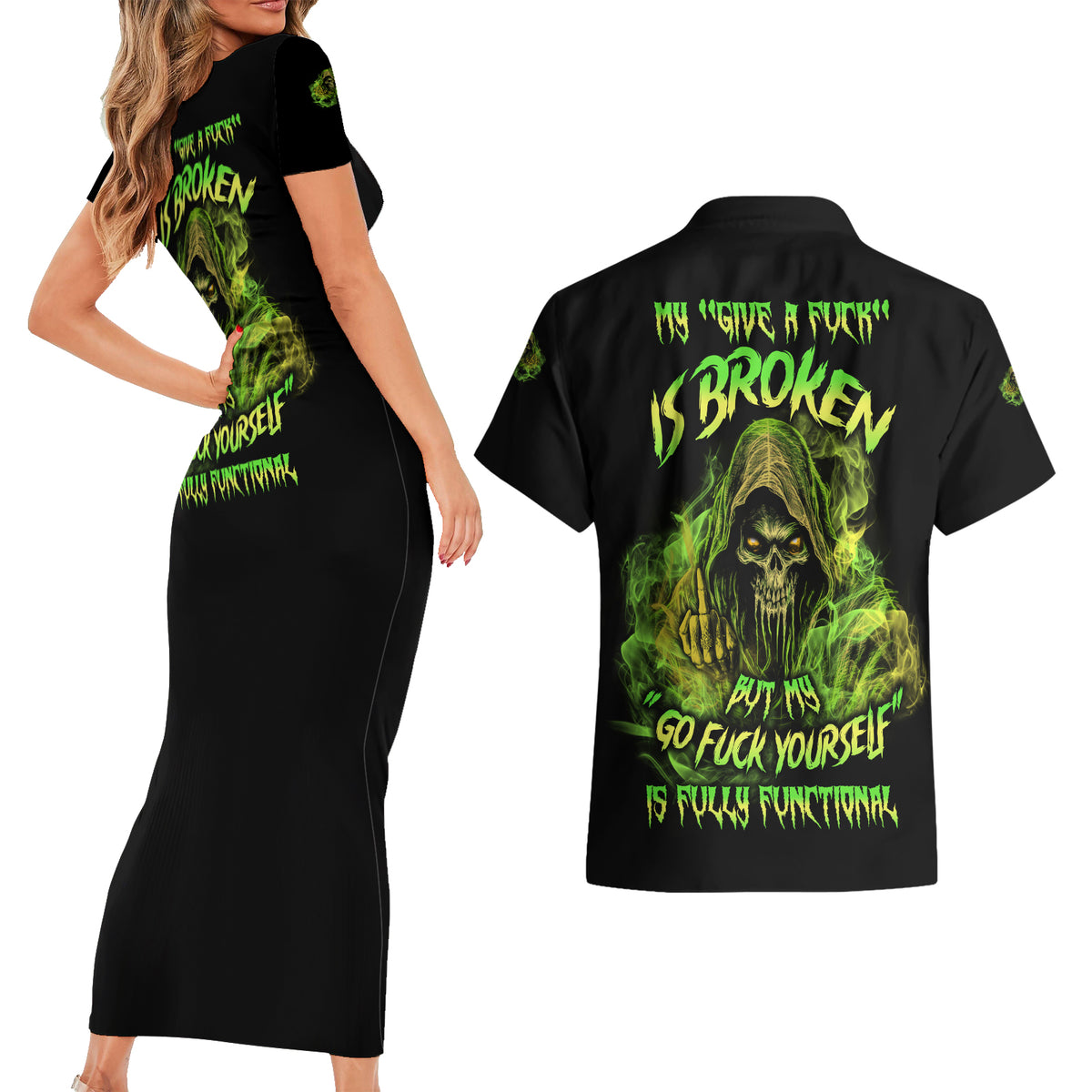 My Give A F Is Broken Reaper Couples Matching Short Sleeve Bodycon Dress and Hawaiian Shirt - Wonder Print Shop