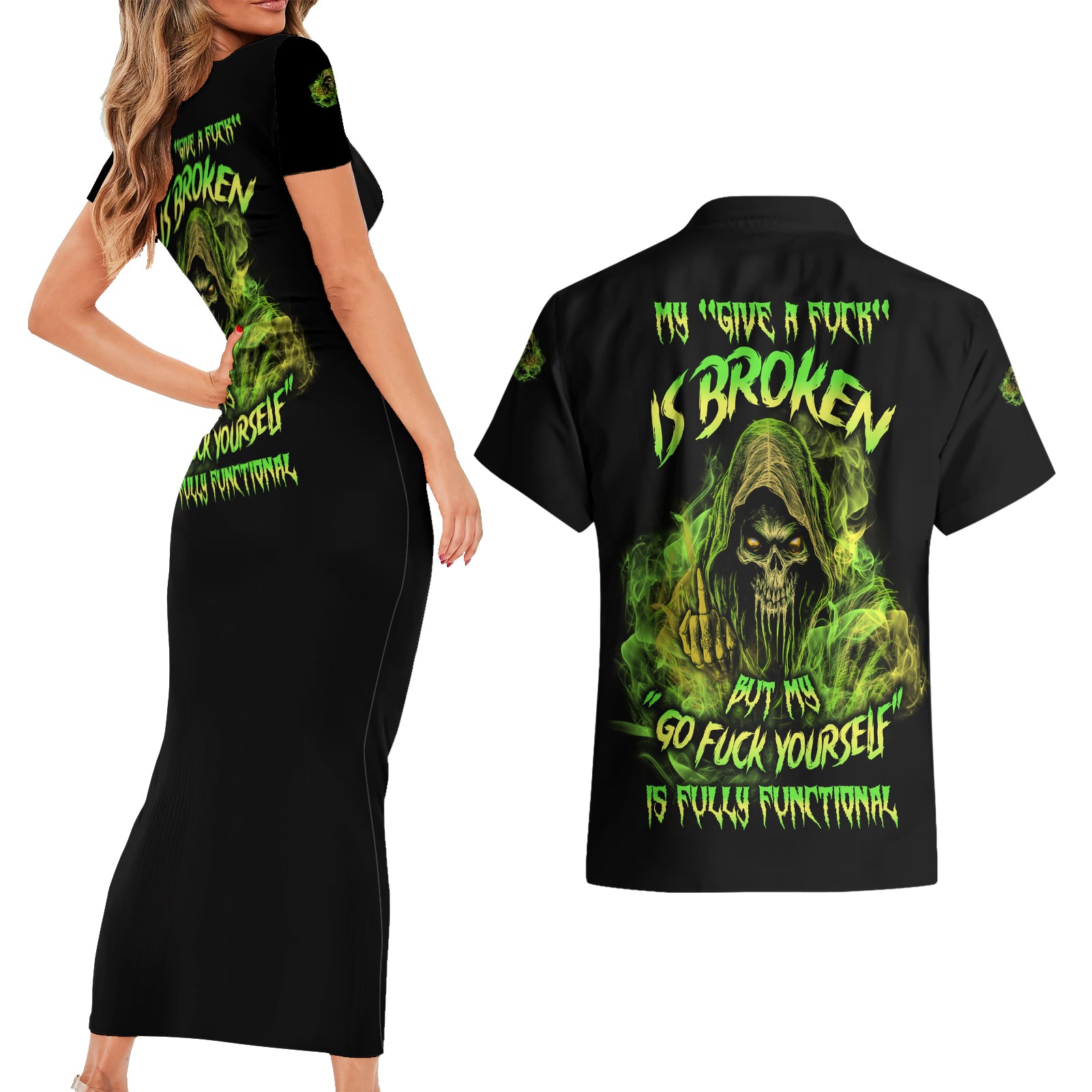 My Give A F Is Broken Reaper Couples Matching Short Sleeve Bodycon Dress and Hawaiian Shirt - Wonder Print Shop