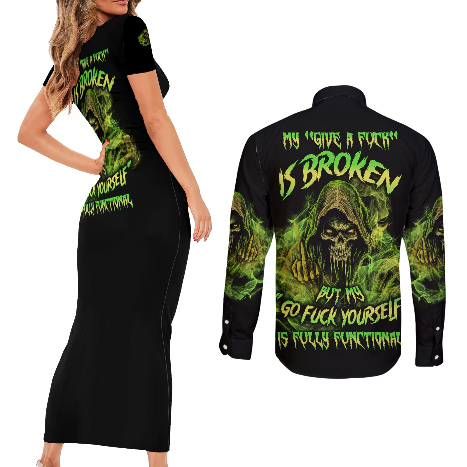 My Give A F Is Broken Reaper Couples Matching Short Sleeve Bodycon Dress and Long Sleeve Button Shirt - Wonder Print Shop