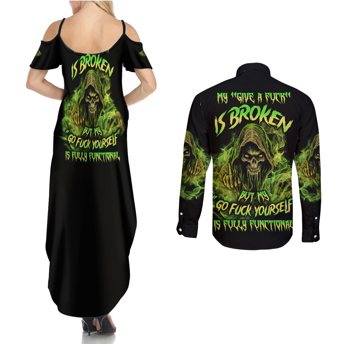 My Give A F Is Broken Reaper Couples Matching Summer Maxi Dress and Long Sleeve Button Shirt - Wonder Print Shop