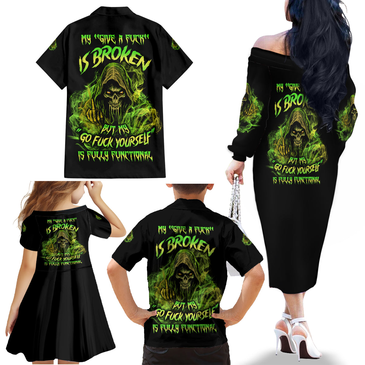 My Give A F Is Broken Reaper Family Matching Off Shoulder Long Sleeve Dress and Hawaiian Shirt - Wonder Print Shop