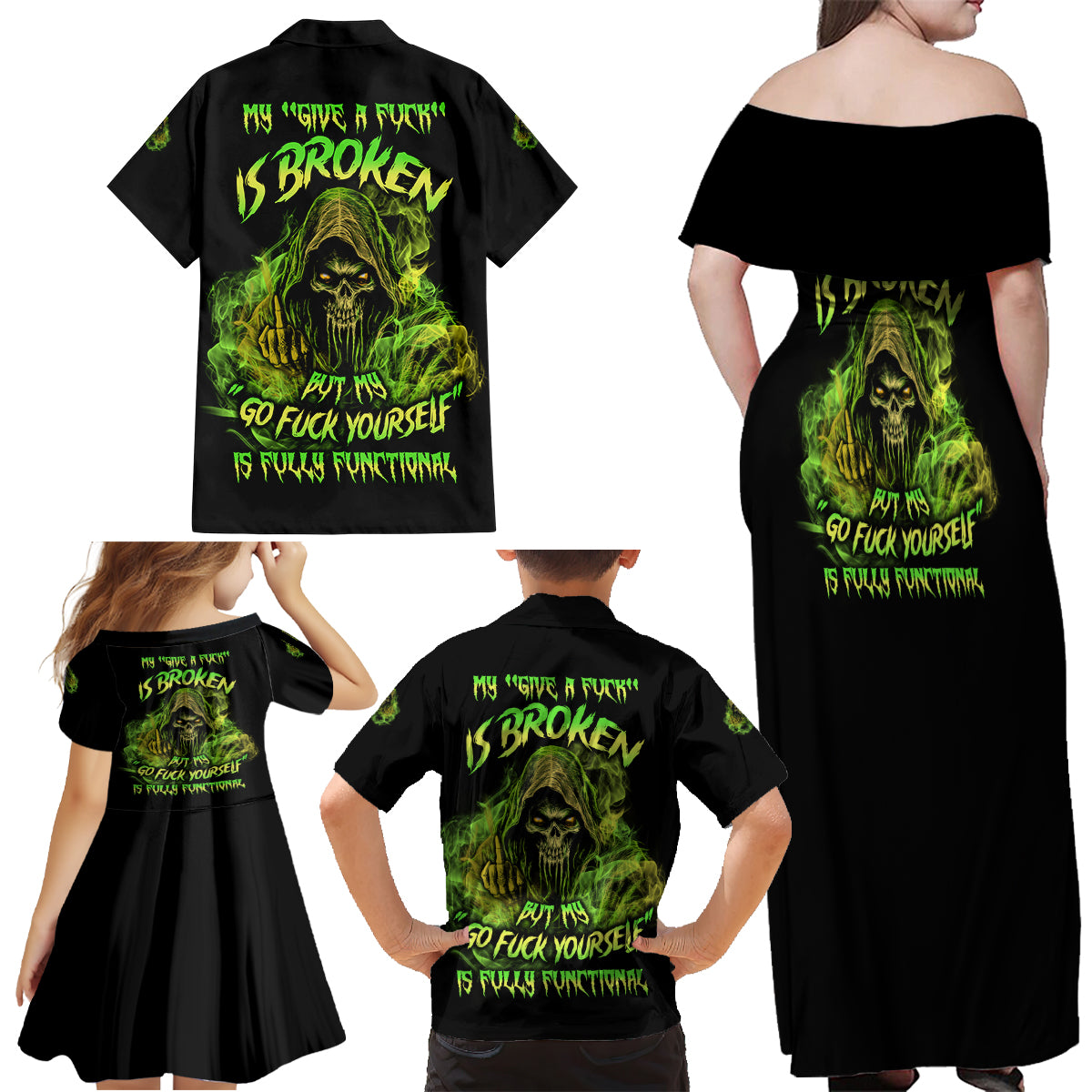 My Give A F Is Broken Reaper Family Matching Off Shoulder Maxi Dress and Hawaiian Shirt - Wonder Print Shop