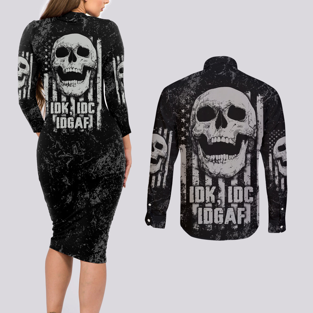 IDGAF Flag Skull Couples Matching Long Sleeve Bodycon Dress and Long Sleeve Button Shirt - Wonder Print Shop