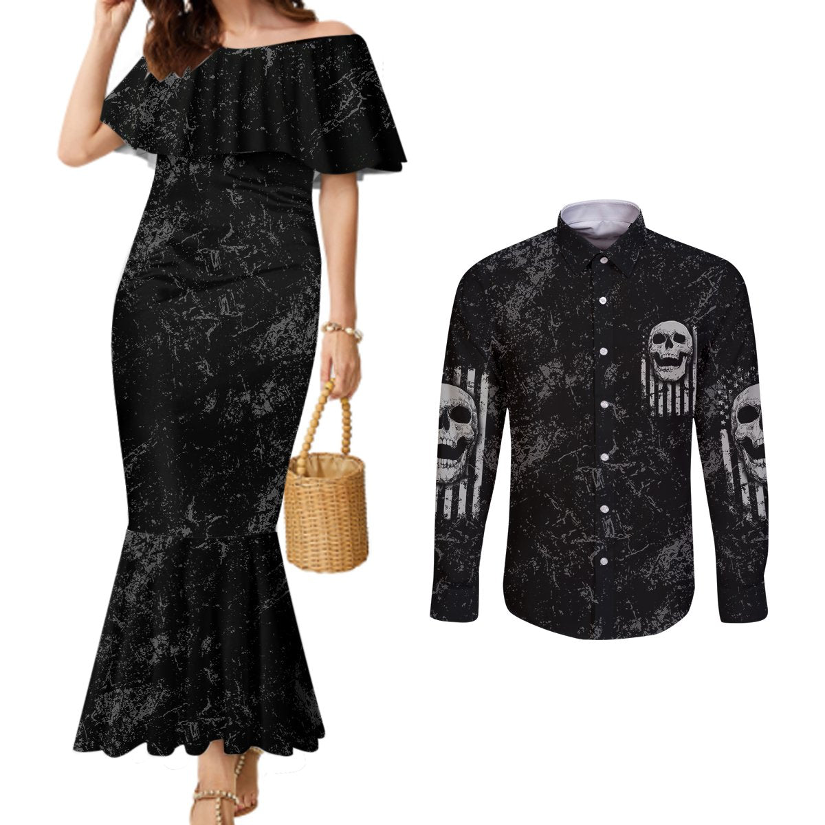 idgaf-flag-skull-couples-matching-mermaid-dress-and-long-sleeve-button-shirt