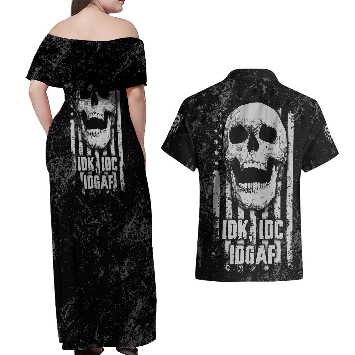 IDGAF Flag Skull Couples Matching Off Shoulder Maxi Dress and Hawaiian Shirt - Wonder Print Shop