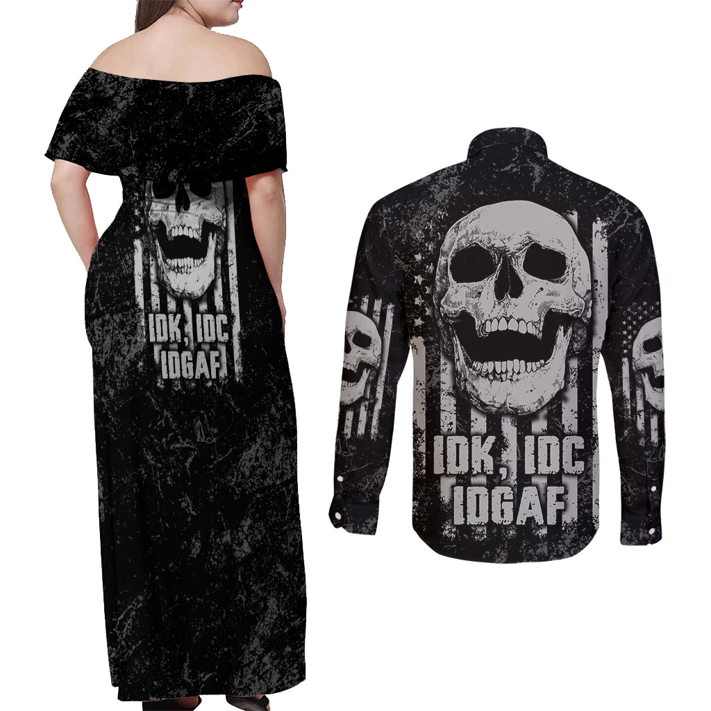 IDGAF Flag Skull Couples Matching Off Shoulder Maxi Dress and Long Sleeve Button Shirt - Wonder Print Shop