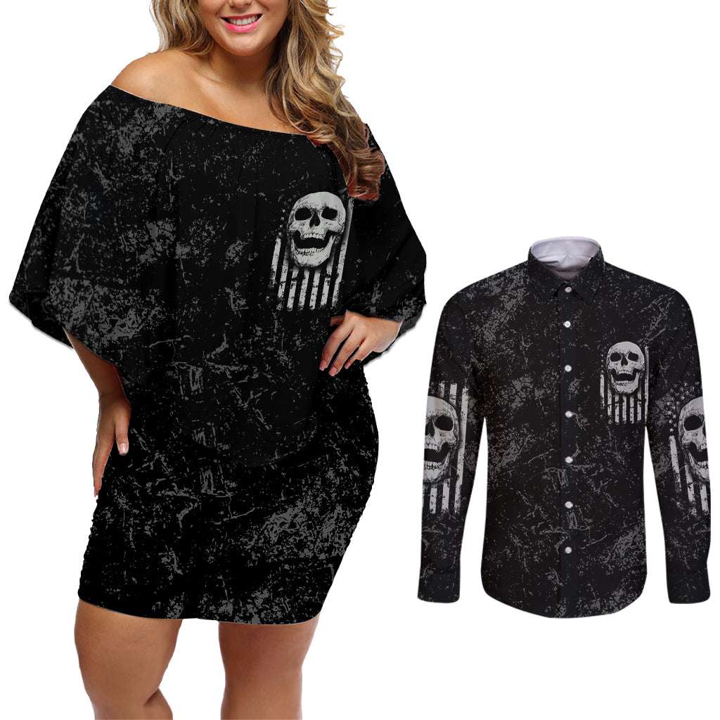 IDGAF Flag Skull Couples Matching Off Shoulder Short Dress and Long Sleeve Button Shirt - Wonder Print Shop