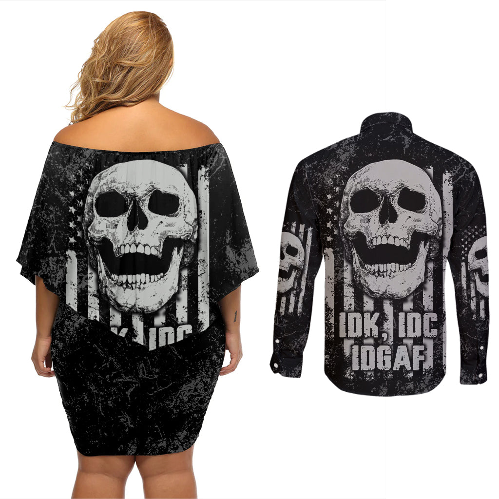 IDGAF Flag Skull Couples Matching Off Shoulder Short Dress and Long Sleeve Button Shirt - Wonder Print Shop