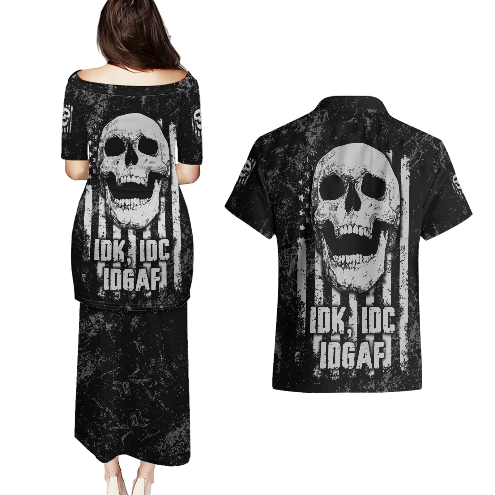 IDGAF Flag Skull Couples Matching Puletasi Dress and Hawaiian Shirt - Wonder Print Shop