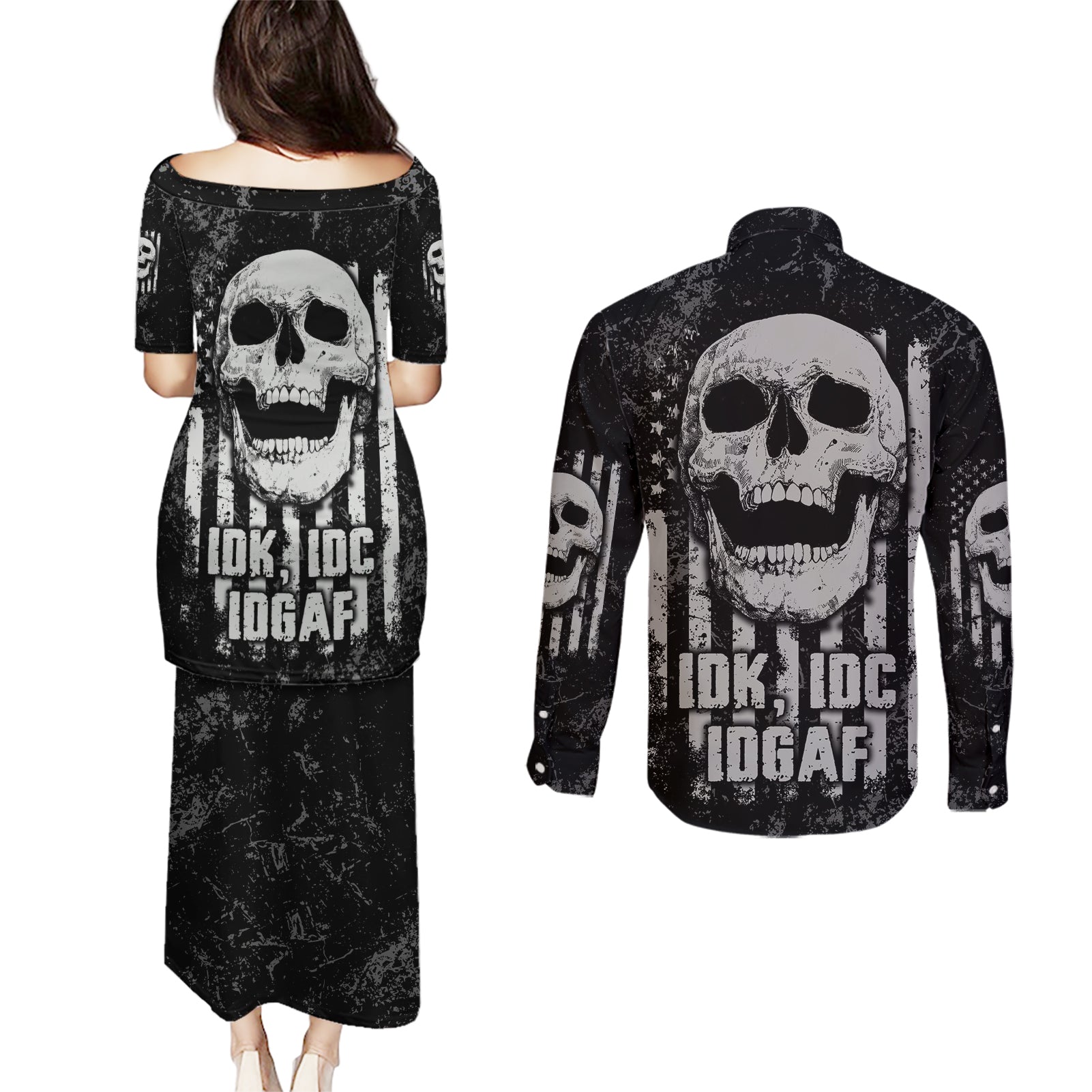 IDGAF Flag Skull Couples Matching Puletasi Dress and Long Sleeve Button Shirt - Wonder Print Shop