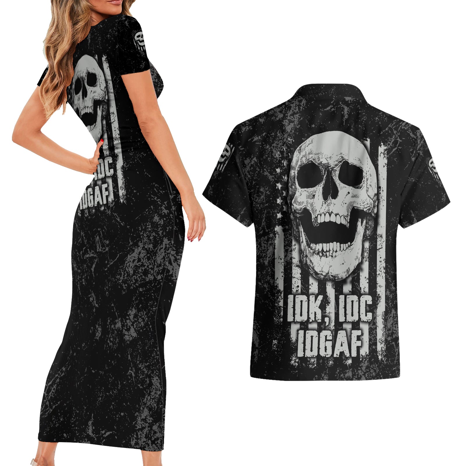 IDGAF Flag Skull Couples Matching Short Sleeve Bodycon Dress and Hawaiian Shirt - Wonder Print Shop