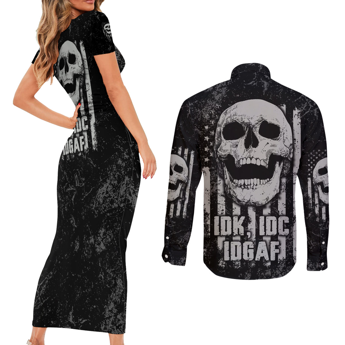 IDGAF Flag Skull Couples Matching Short Sleeve Bodycon Dress and Long Sleeve Button Shirt - Wonder Print Shop