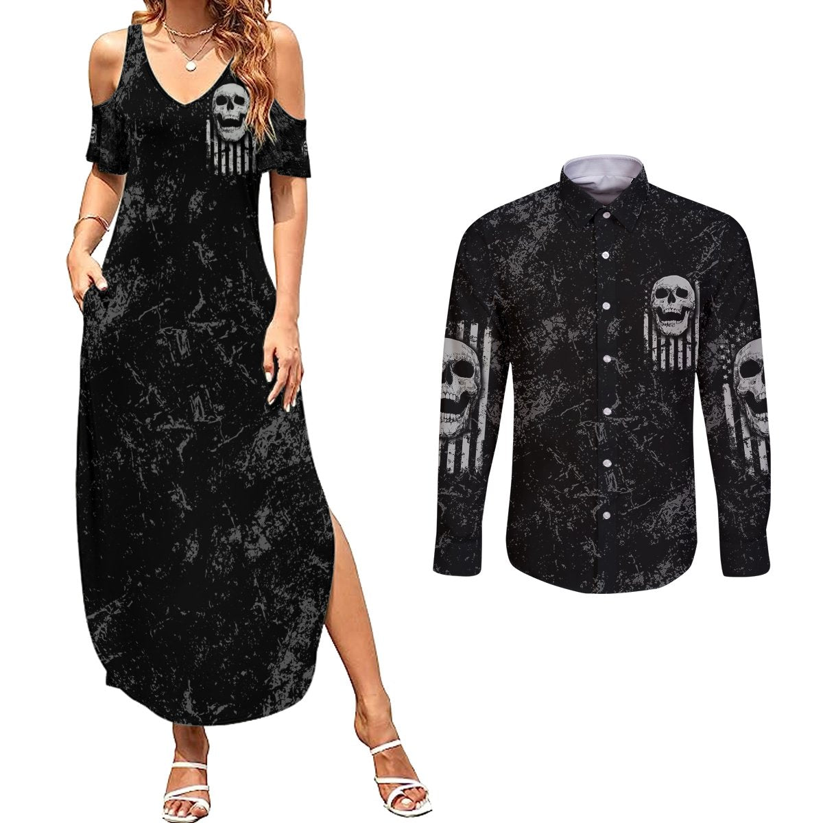 IDGAF Flag Skull Couples Matching Summer Maxi Dress and Long Sleeve Button Shirt - Wonder Print Shop