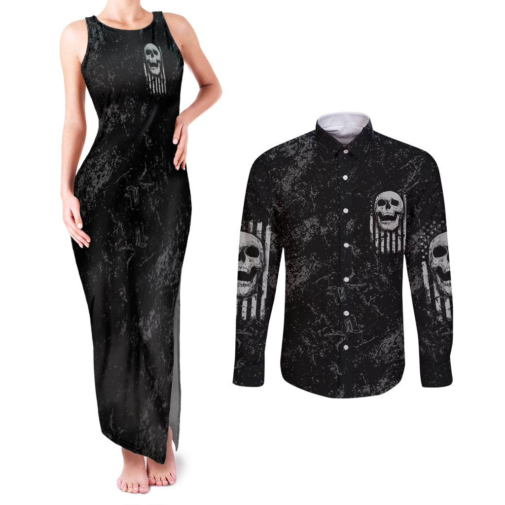 IDGAF Flag Skull Couples Matching Tank Maxi Dress and Long Sleeve Button Shirt - Wonder Print Shop